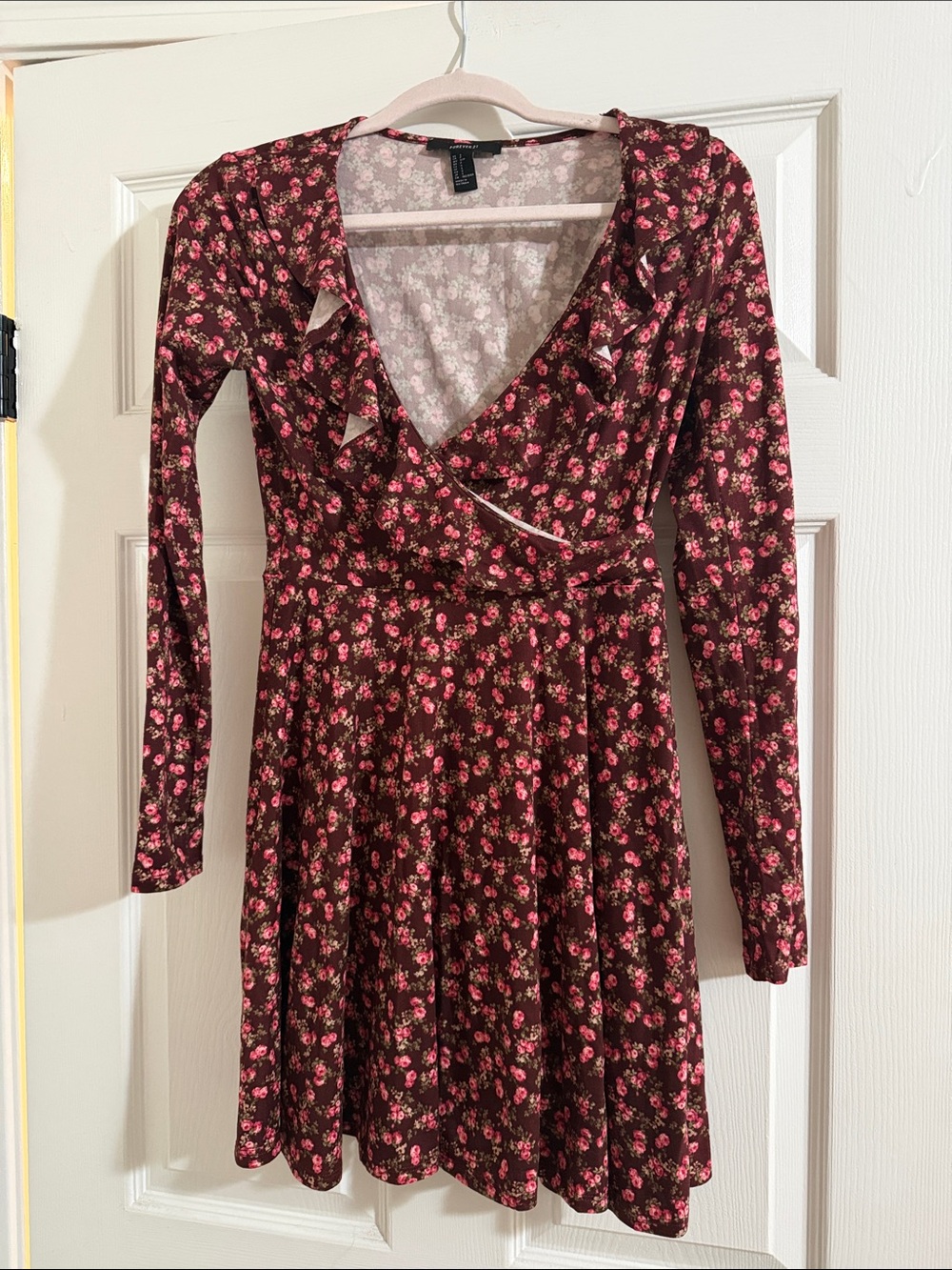 Floral Long-Sleeve Wrap Dress with Pink Roses